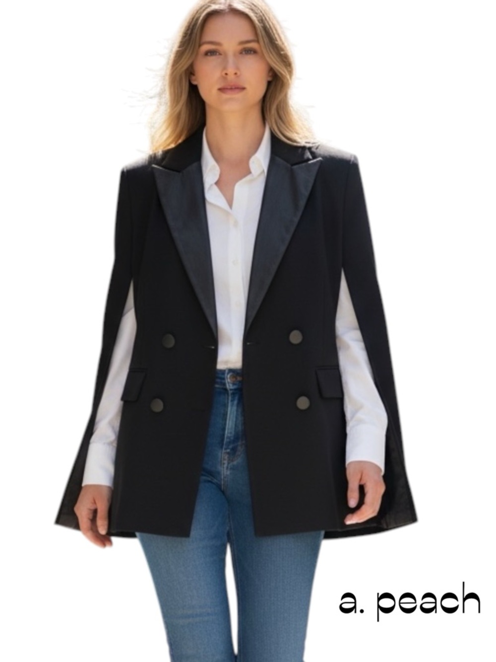 a. peach Black Double Breasted Satin Collar Cape Coat NWOT Size L